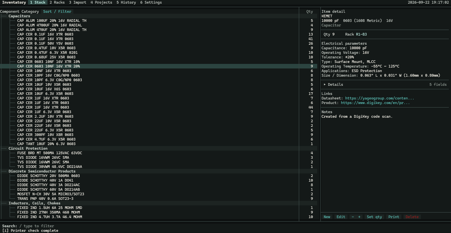 The real Stock workspace, showing the component list, quantities, and the selected capacitor’s details.